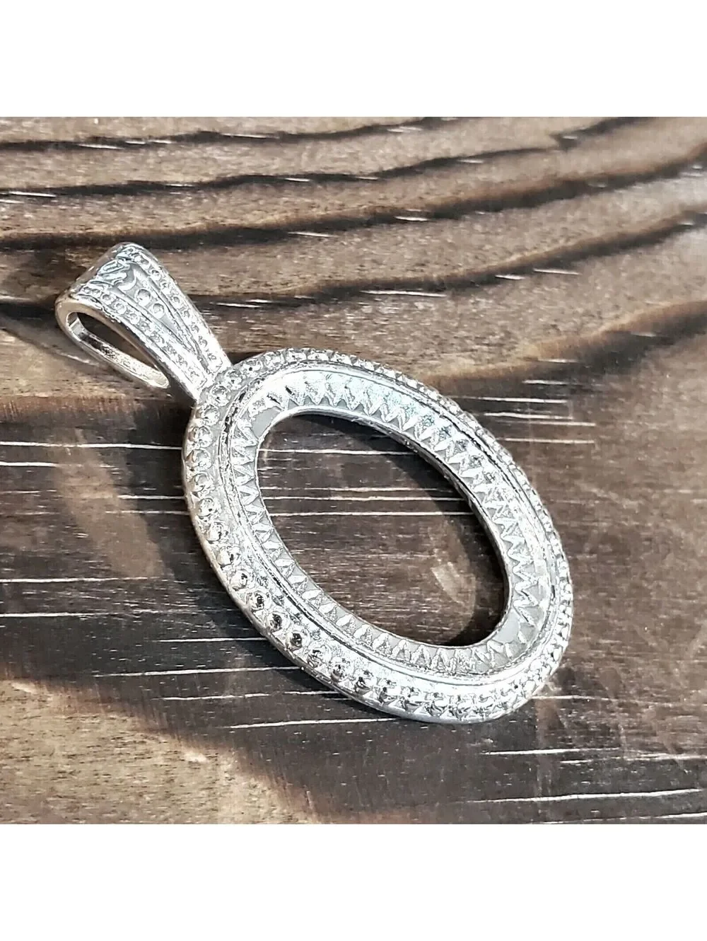 Sterling Silver Plated Art Deco Dotted 25x18mm Oval Cabochon Pendant Setting